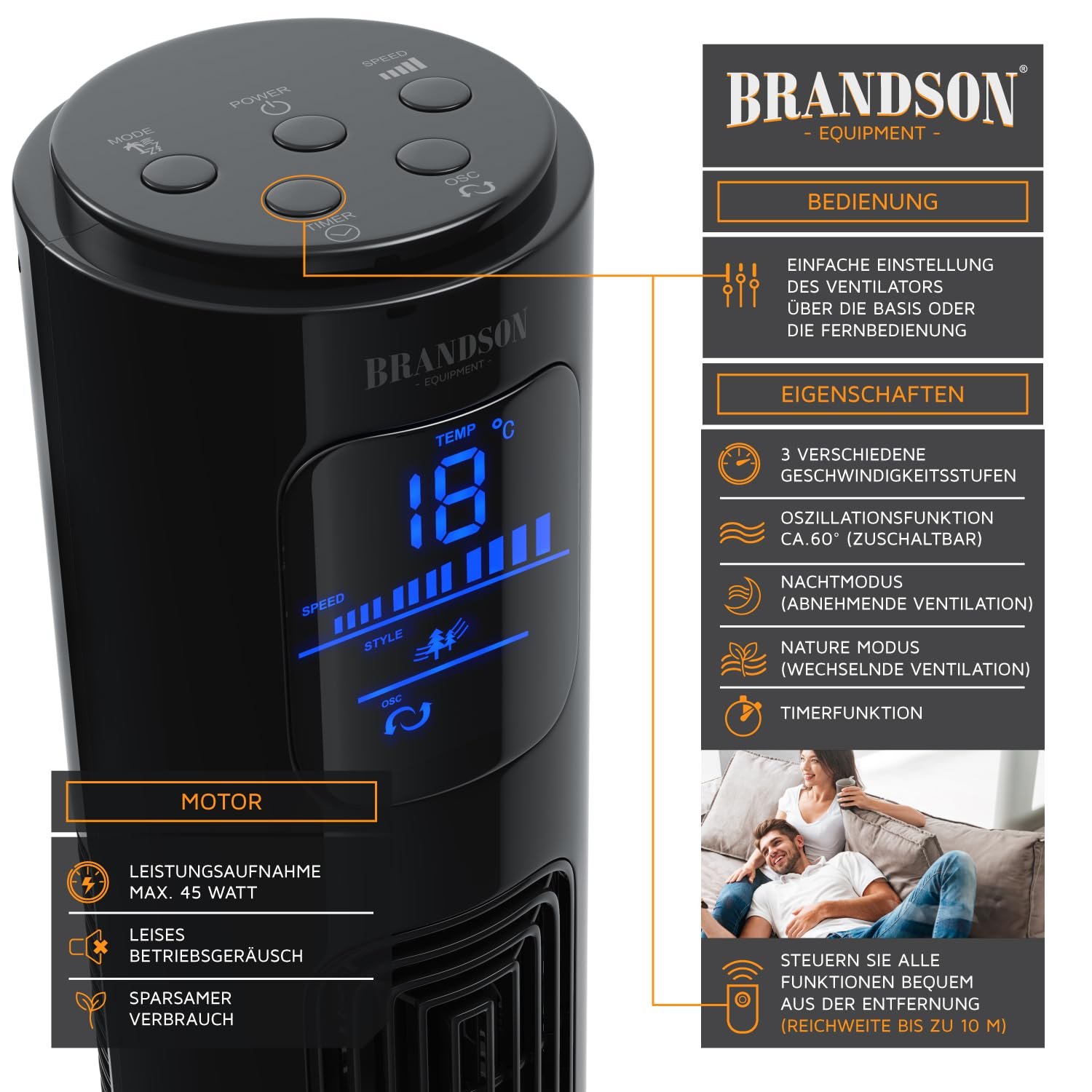 Вентилятор колонный Brandson 2020 Модель с пультом ДУ и вращением 60° - 96 см - 3 уровня скорости, черный, фото №4