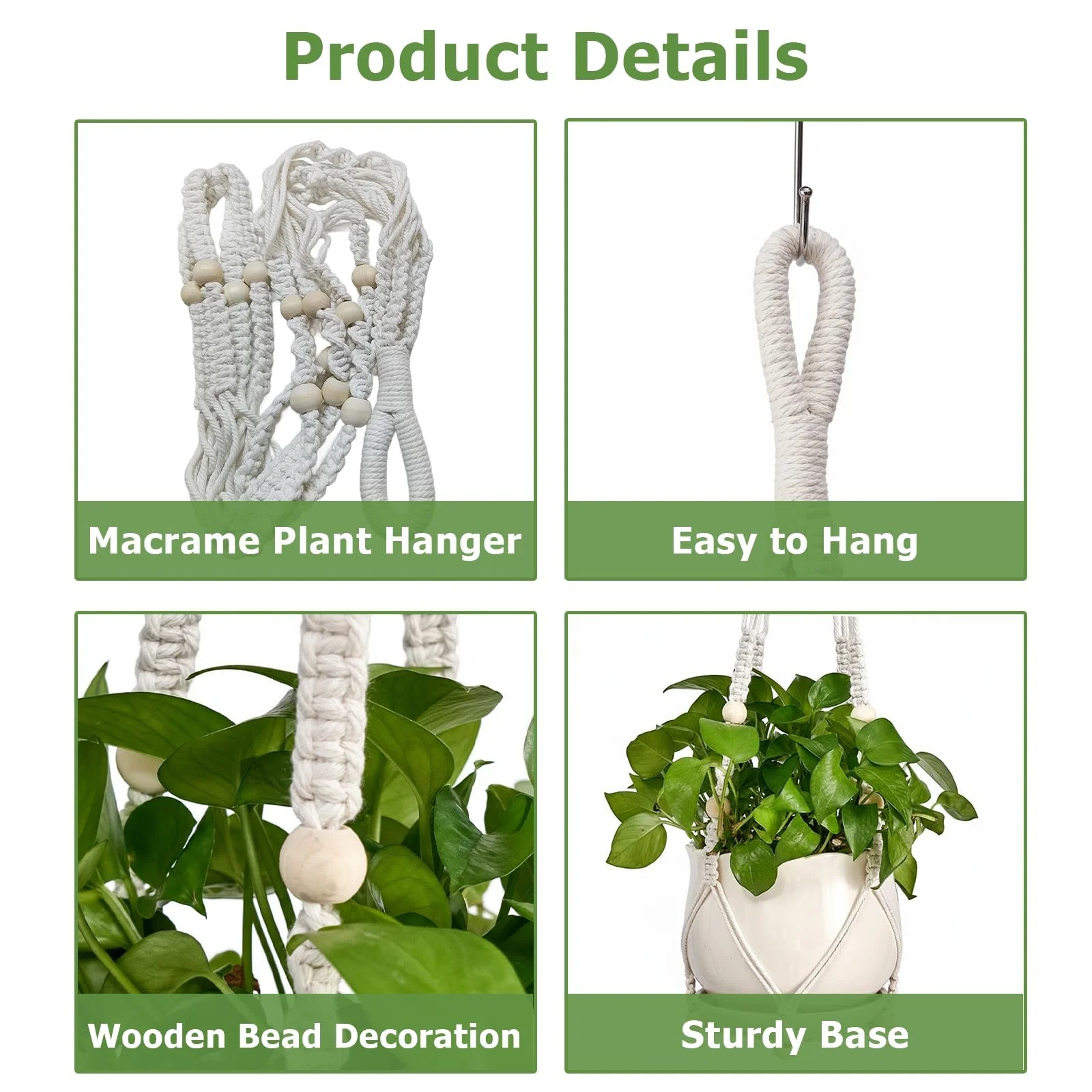 Подвесные кашпо макраме набор из 2 шт. хлопковые с крючками белые, фото №5