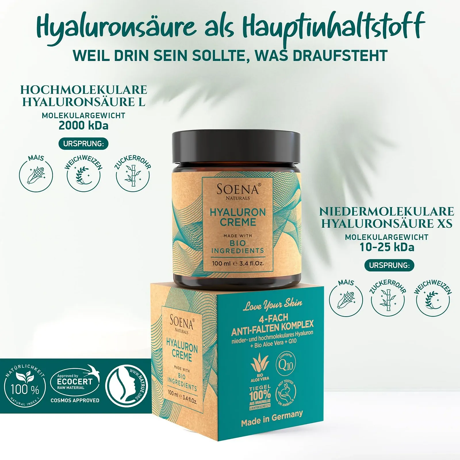 Крем для обличчя Soena Naturals Organic Hyaluronic Cream 4-Way Anti-Wrinkle денний та нічний 100 мл, фото №3