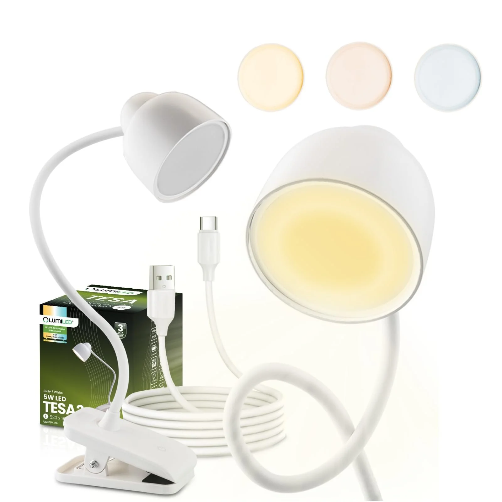 Настільна лампа Lumiled LED 5 Вт Димування CCT 3000/4500/6000K USB-C Гнучка шия Затискач Сенсорна Біла, фото №1