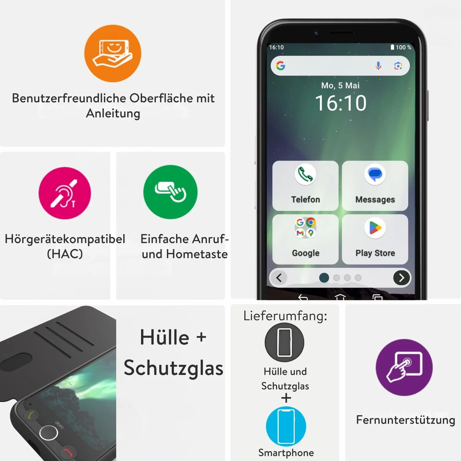 Смартфон Doro Aurora A10 для літніх людей з кнопкою допомоги GPS та бездротовою зарядною станцією Graphite, фото №3 Смартфон Doro Aurora A10 для літніх людей з кнопкою допомоги GPS та бездротовою зарядною станцією Graphite, фото №3