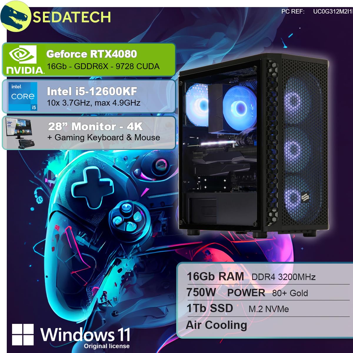 Комплект Sedatech Advanced Gaming PC Intel i5-12600KF RTX4080 16GB RAM 1TB SSD M.2 Windows 11 Монітор 28 дюймів, фото №2