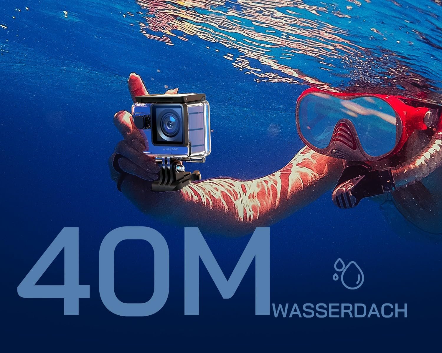 Екшн-камера WOLFANG GA300 4K 60FPS, 24 МП, підводна камера, WiFi, водонепроникна до 40 м, стабілізатор зображення 2.0 ICE, сенсорний екран, камера для шолома, 8-кратний зум (зовнішній мікрофон, 2 x 1350 мАг батареї та набір аксесуарів), фото №6