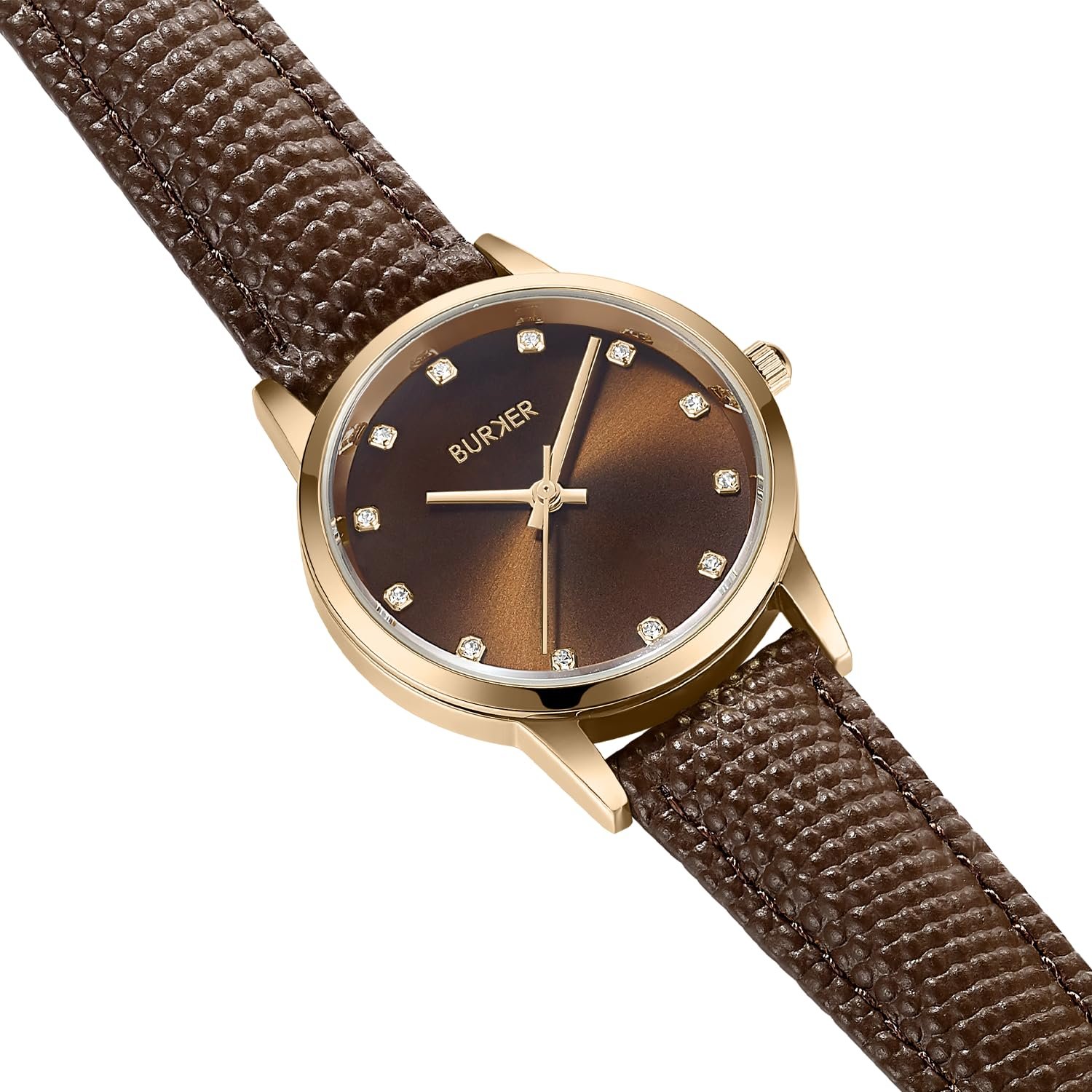 Женские часы BURKER Amy Круглые женские часы с цирконием, кожаный ремешок, нержавеющая сталь, аналоговый кварцевый, 3 ATM водонепроницаемые ">– 32 мм ">– Золотой коричневый / Коричневая кожа, Золотой коричневый - Коричневая кожа, Браслет, фото №2 Женские часы BURKER Amy Круглые женские часы с цирконием, кожаный ремешок, нержавеющая сталь, аналоговый кварцевый, 3 ATM водонепроницаемые ">– 32 мм ">– Золотой коричневый / Коричневая кожа, Золотой коричневый - Коричневая кожа, Браслет, фото №2
