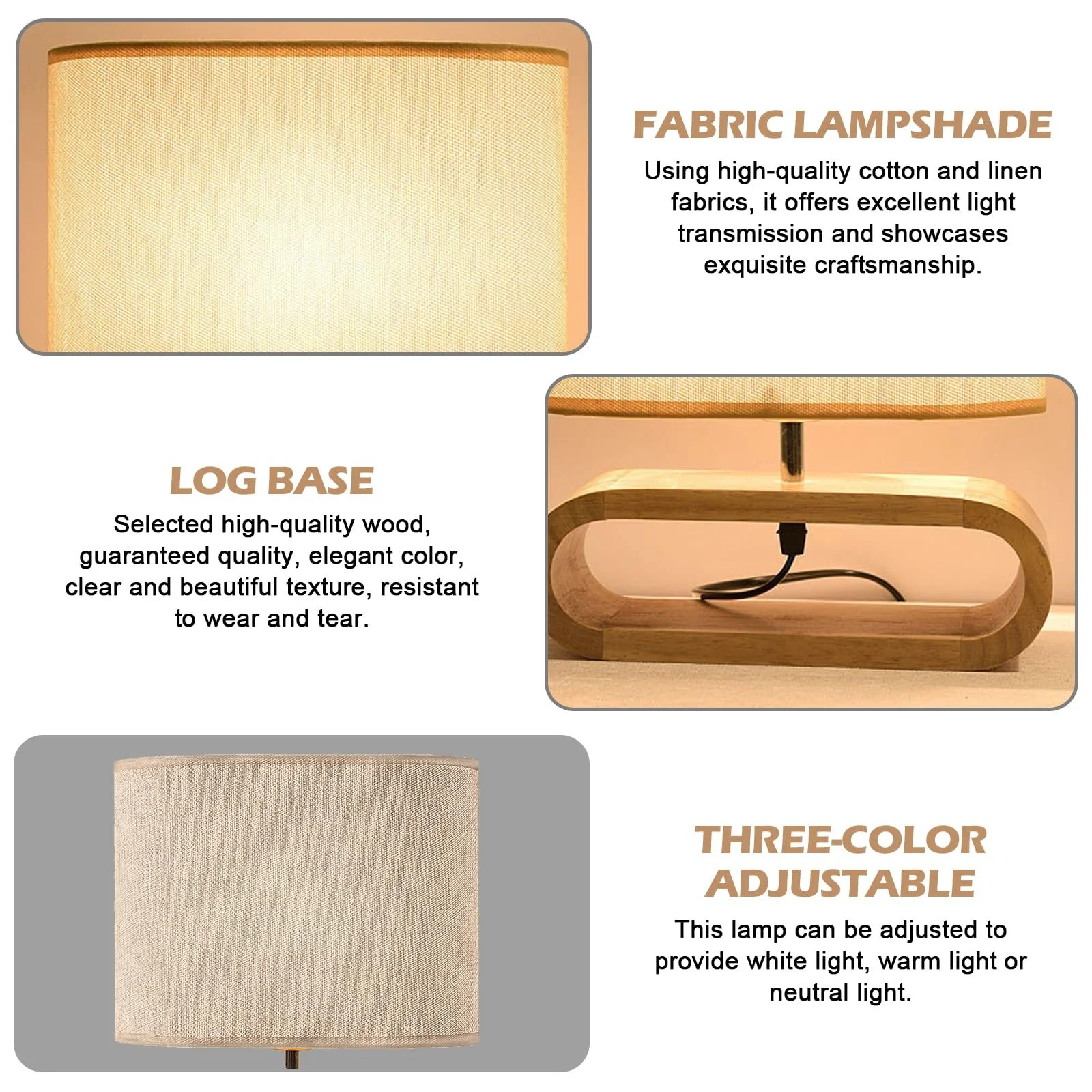 Настільна лампа SUNOYA дерев'яна з лляним плафоном та 3 режимами світла, фото №3