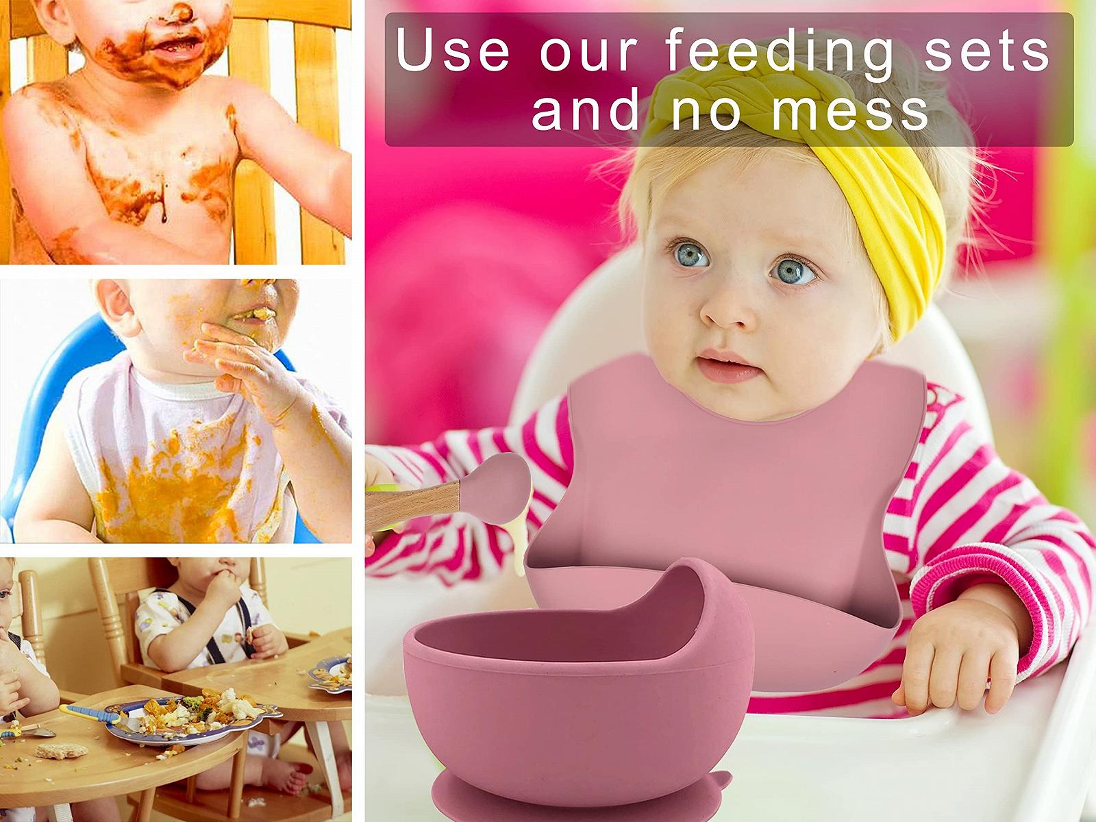 Набор детской посуды Hoseay Силиконовый 5 предметов Нескользящий Детская тарелка с присоской Миска Слюнявчик Ложка Вилка Моющийся Без BPA Розовый, фото №6 Набор детской посуды Hoseay Силиконовый 5 предметов Нескользящий Детская тарелка с присоской Миска Слюнявчик Ложка Вилка Моющийся Без BPA Розовый, фото №6