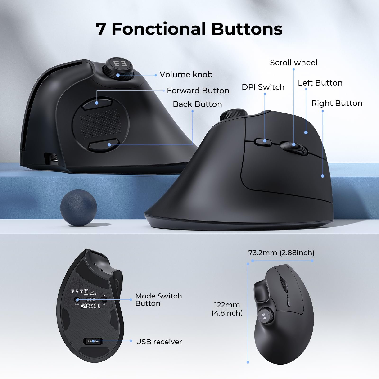 Миша seenda Бездротова Ергономічна з регулюванням гучності Multi-Device (2 Bluetooth або 2.4GHz USB) Перезаряджувана Тиха Вертикальна Чорна, фото №8