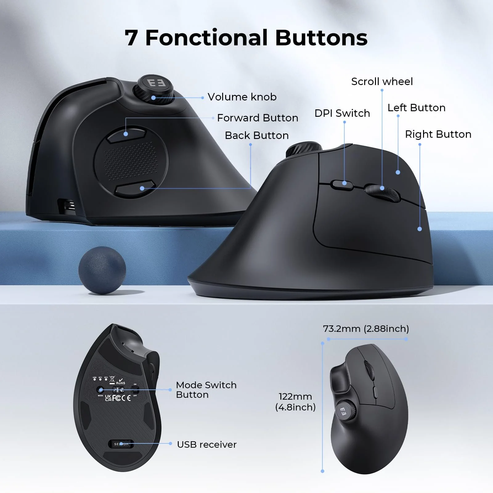 Мышь seenda Беспроводная Эргономичная с регулировкой громкости Multi-Device (2 Bluetooth или 2.4GHz USB) Перезаряжаемая Бесшумная Вертикальная Черная, фото №8 Мышь seenda Беспроводная Эргономичная с регулировкой громкости Multi-Device (2 Bluetooth или 2.4GHz USB) Перезаряжаемая Бесшумная Вертикальная Черная, фото №8