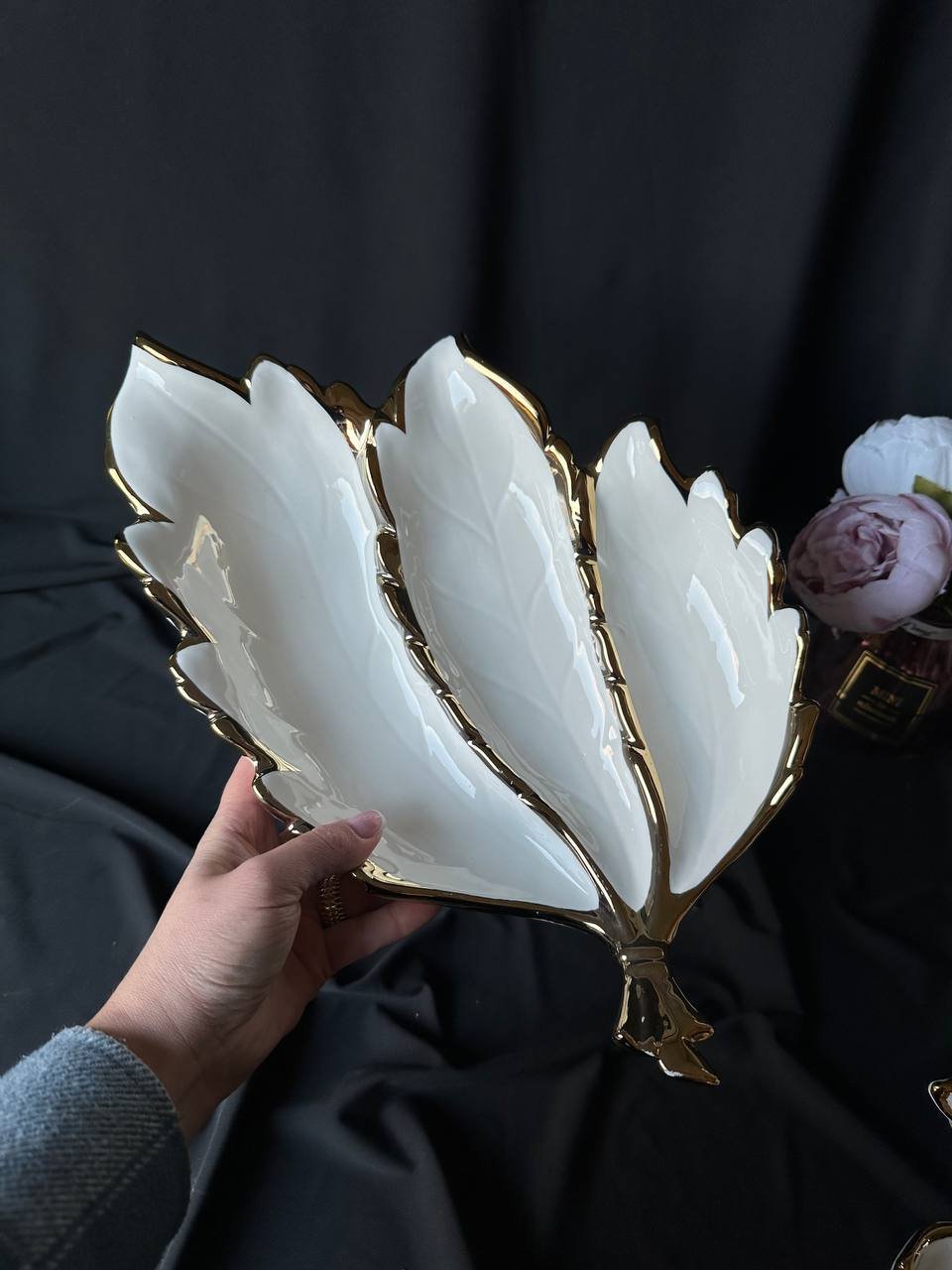 Менажниця у вигляді листка порцеляна з золотою оконтовкою, фото №1