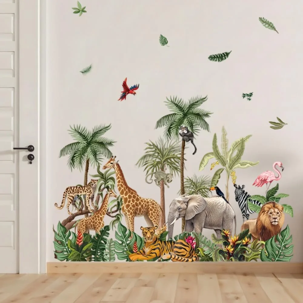 Наклейка на стіну milaosk Animals of the Rainforest Jungle Giraffe Elephant Lion Tiger Leaves велика, фото №7