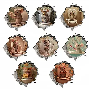Наклейка на стіну SUPERDANT 3D Rat The Toilet Cracked Mice Vinyl Bathroom Toilet Wall Decoration - Фото 1