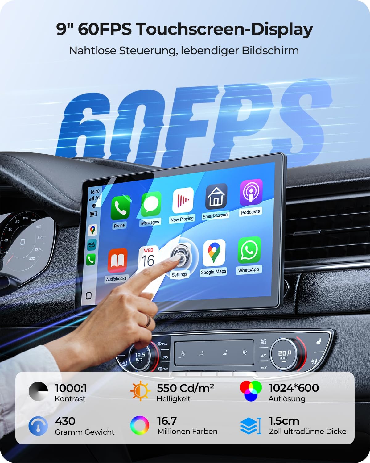 Дисплей Krunia 9 дюймов, беспроводной, портативный, 60FPS, Car Play для Apple CarPlay и Android Car, магнитный держатель, OTA, портретный и альбомный формат, камера заднего вида, Bluetooth, голосовое управление, GPS-навигация, фото №3