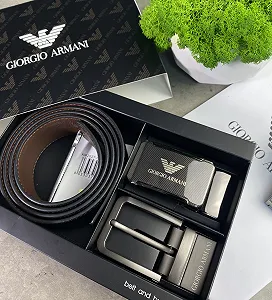 Ремень мужской кожаный брендовый с двумя пряжками в подарочной упаковке Armani synthetic.ua - Фото 1