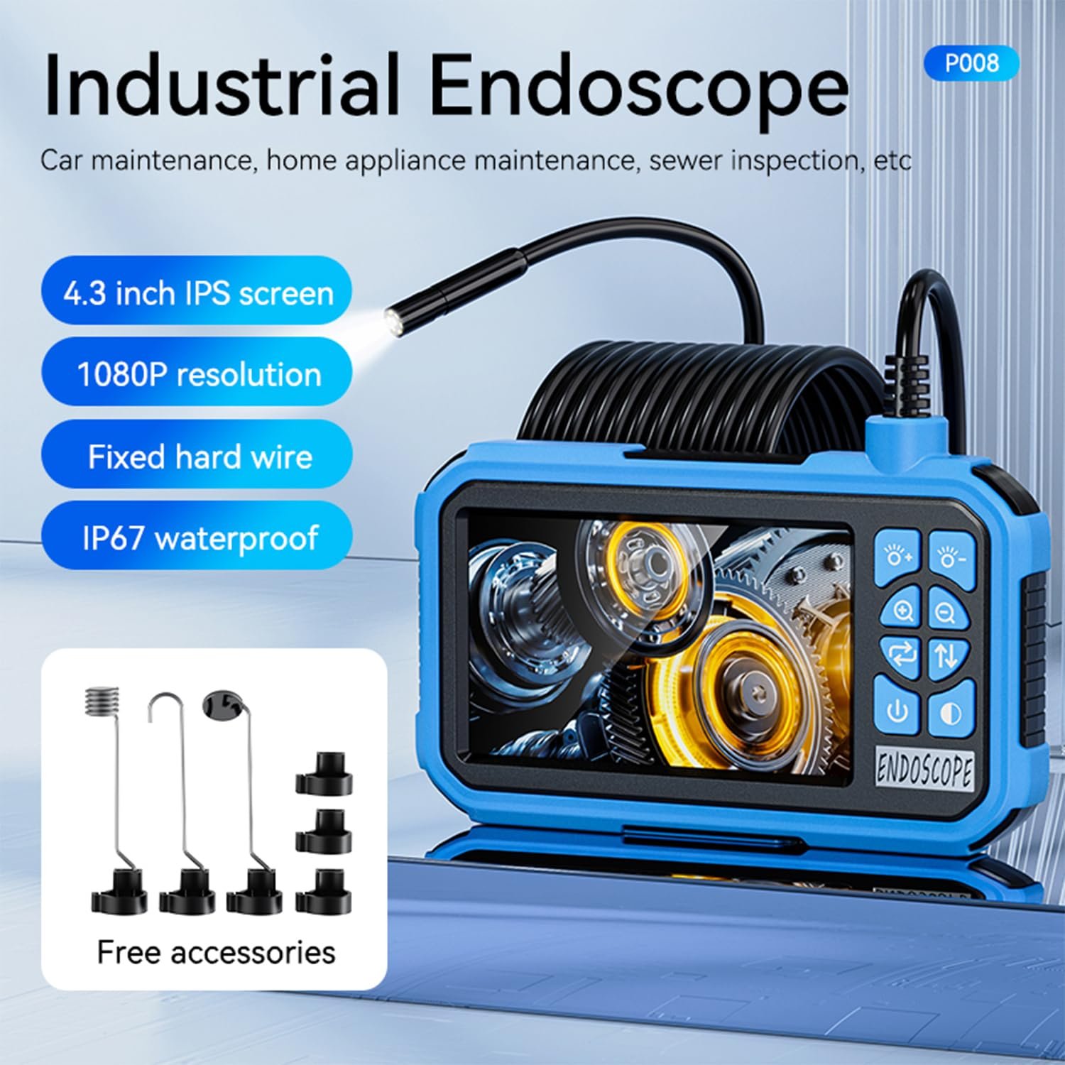 Эндоскоп Pinci 4.3 Inch с 8 LED подсветкой, 1080P HD, IP67 водонепроницаемый, кабель 5 м, угол обзора 178°, фото №2