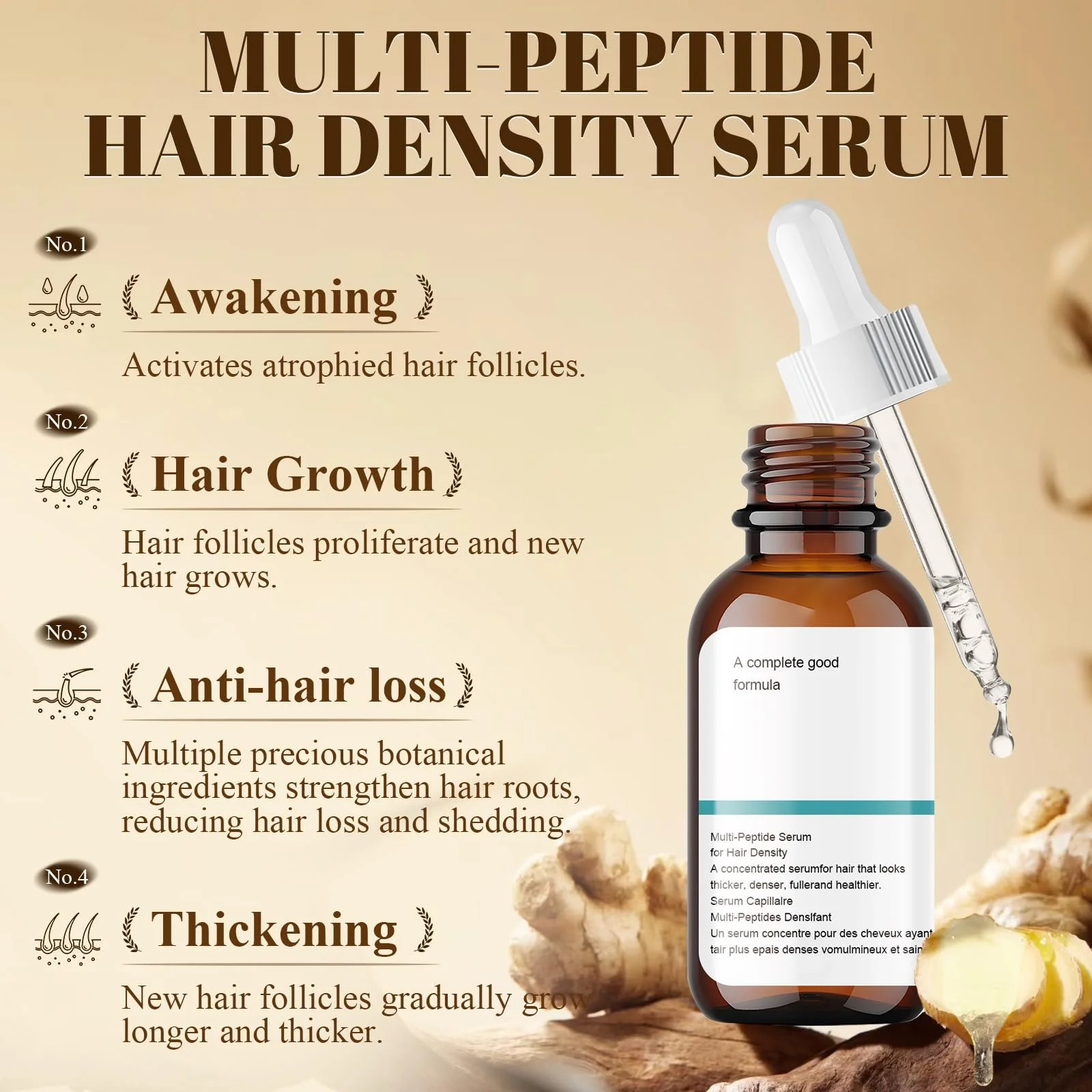 Сыворотка для густоты волос Мультипептидная, Сыворотка для роста волос, Сыворотка для волос для роста волос, Способствует густоте волос, Нежирная, Нелипкая, Против выпадения волос, Подходит для всех типов волос, 30 мл, фото №2