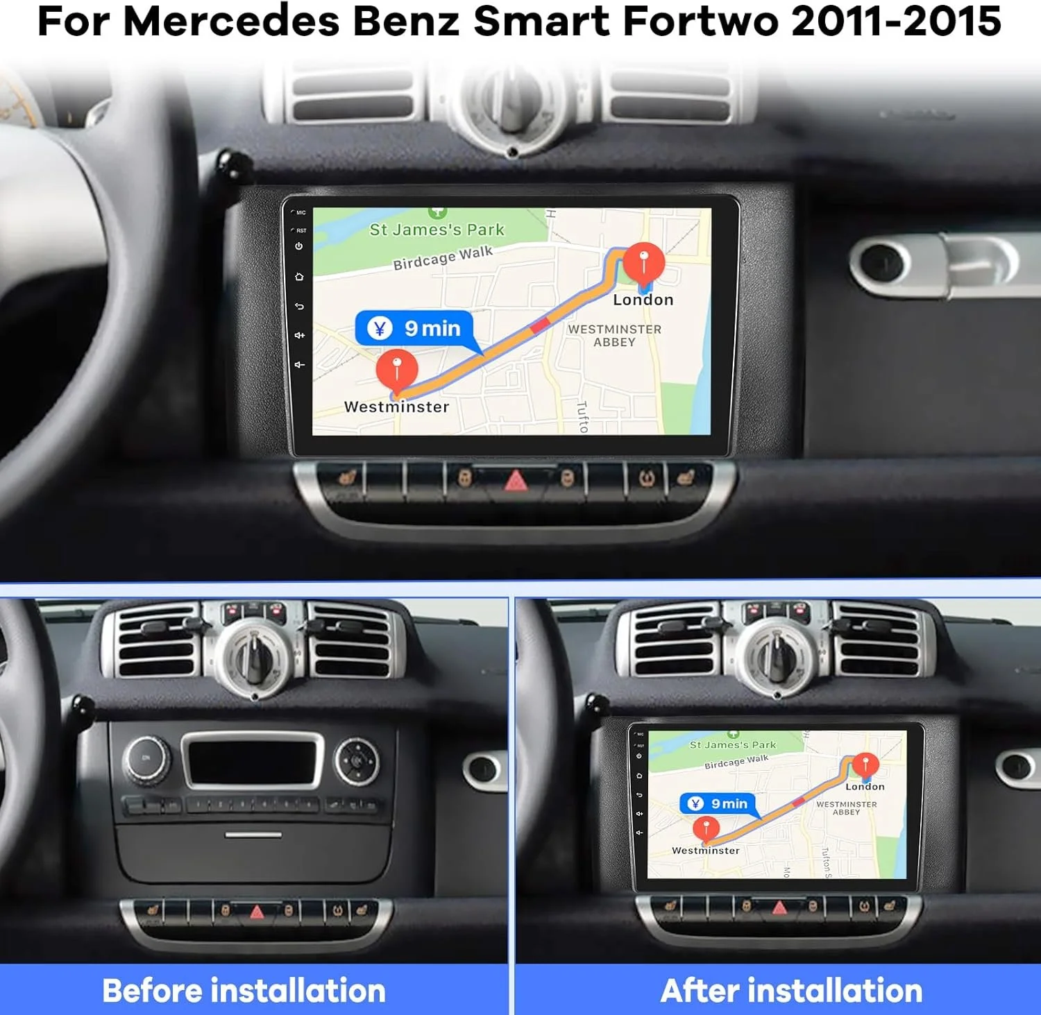 Штатная автомагнитола EKAT для Mercedes Benz Smart Fortwo 2011-2015 / 9" / Сенсорная / 2/32Гб / Android 11 / Apple CarPlay / Android Auto / Bluetooth / WI-FI / GPS / USB, фото №2