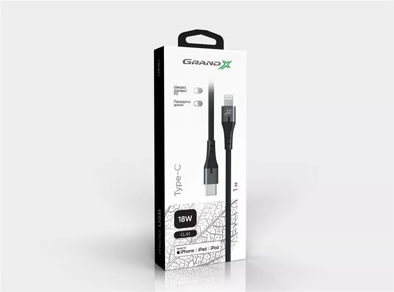 Кабель Grand-X USB Type-C Lightning MFI Power Delivery 18W 1м Gray (CL-01), фото №3