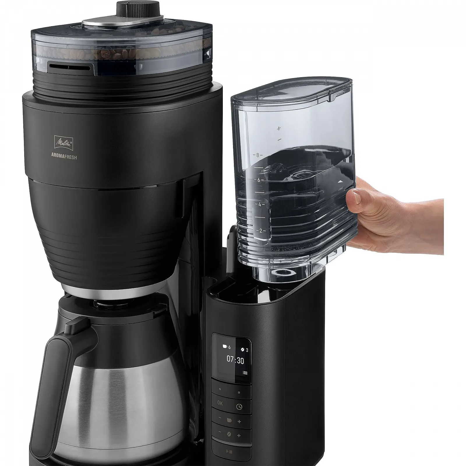 Кофемашина с кофемолкой Melitta AromaFresh Therm Pro X, с термокувшином и съемным резервуаром для воды, до 8 чашек кофе, черная, фото №5 Кофемашина с кофемолкой Melitta AromaFresh Therm Pro X, с термокувшином и съемным резервуаром для воды, до 8 чашек кофе, черная, фото №5