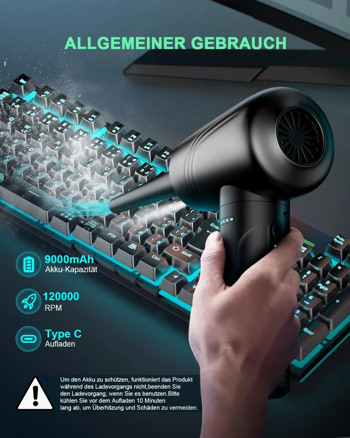 Електрична повітродувка JoyGeek 3 швидкості 120 000 RPM 9000 mAh LED-підсвічування для ПК та авто, фото №3 Електрична повітродувка JoyGeek 3 швидкості 120 000 RPM 9000 mAh LED-підсвічування для ПК та авто, фото №3