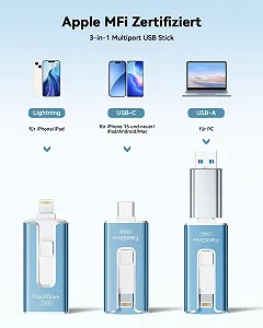 USB Flash-накопичувач SUDEHO 256GB USB-C Lightning USB 3.0 MFi Blue synthetic.ua - Фото 1