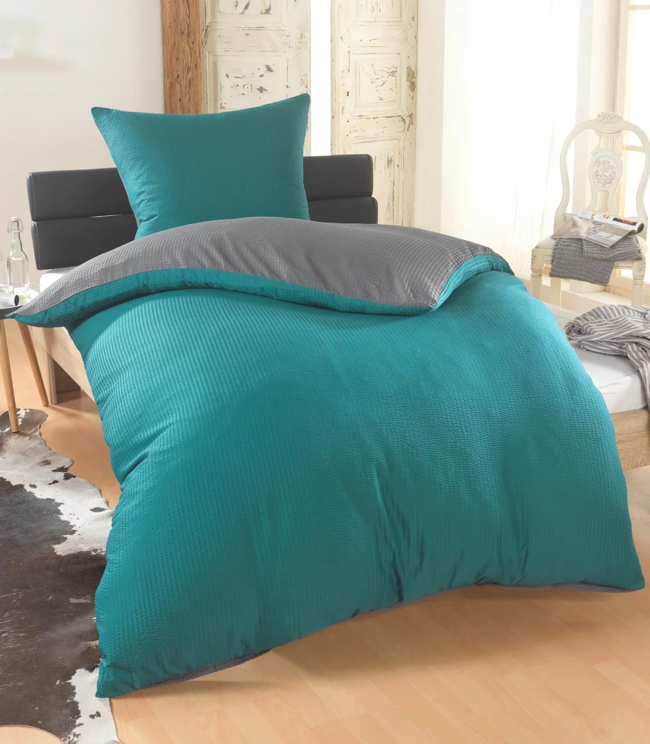 Комплект постільної білизни DreamHome 2-Piece Plain Fine Seersucker двосторонній 155 x 220 см Grey/Petrol, фото №1