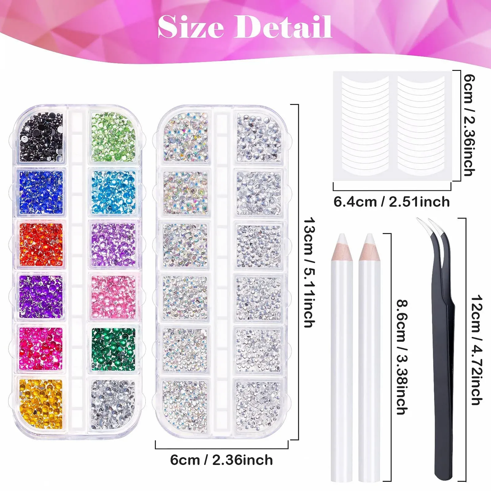 Стразы для ногтей MELLIEX, 3550 штук, блестящие камни 3 размеров и набор французских наклеек для ногтей 12 листов для дизайна лица и ногтей, фото №5