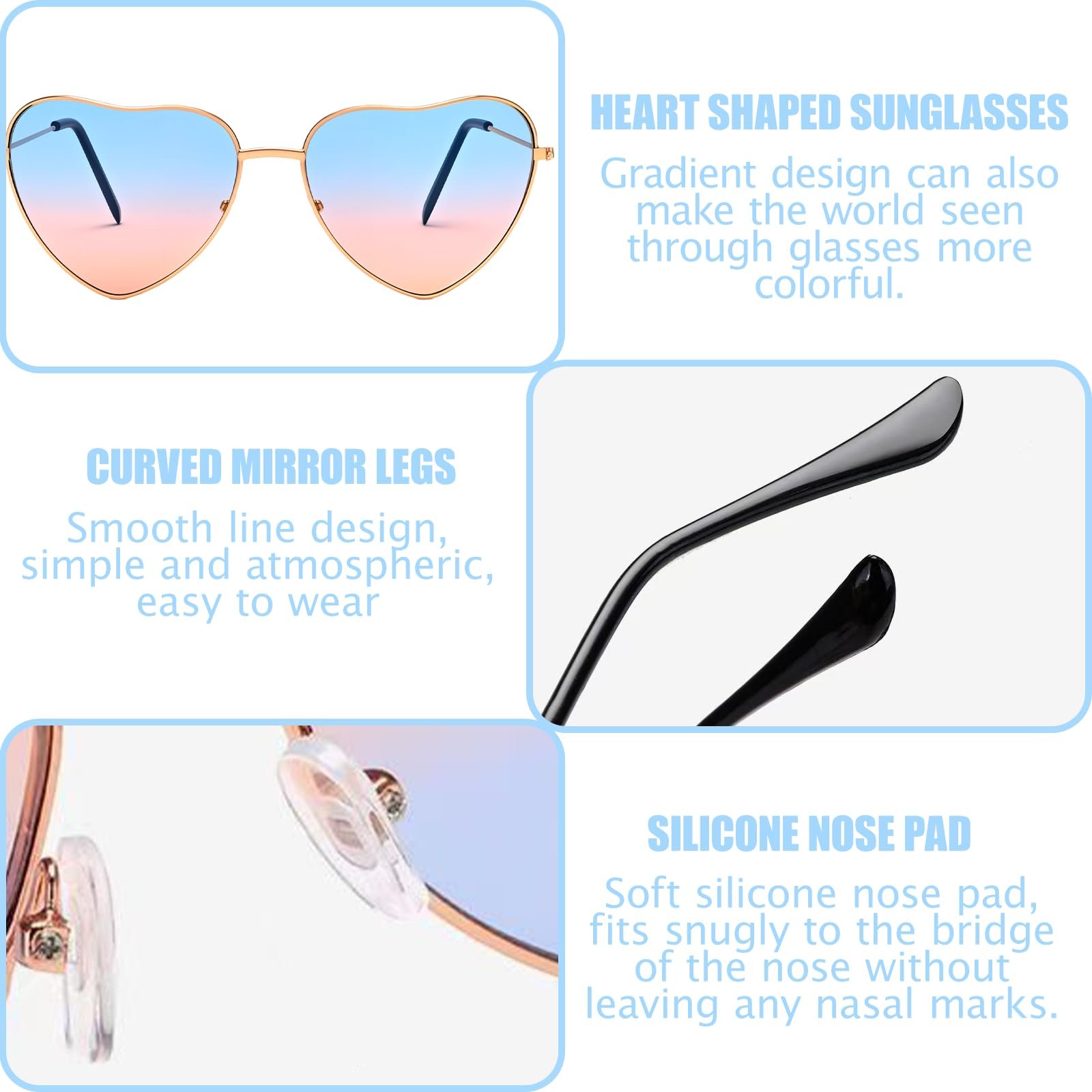 Сонцезахисні окуляри у формі серця MKKZLPN, золота оправа, блакитні, 2 шт, фото №3