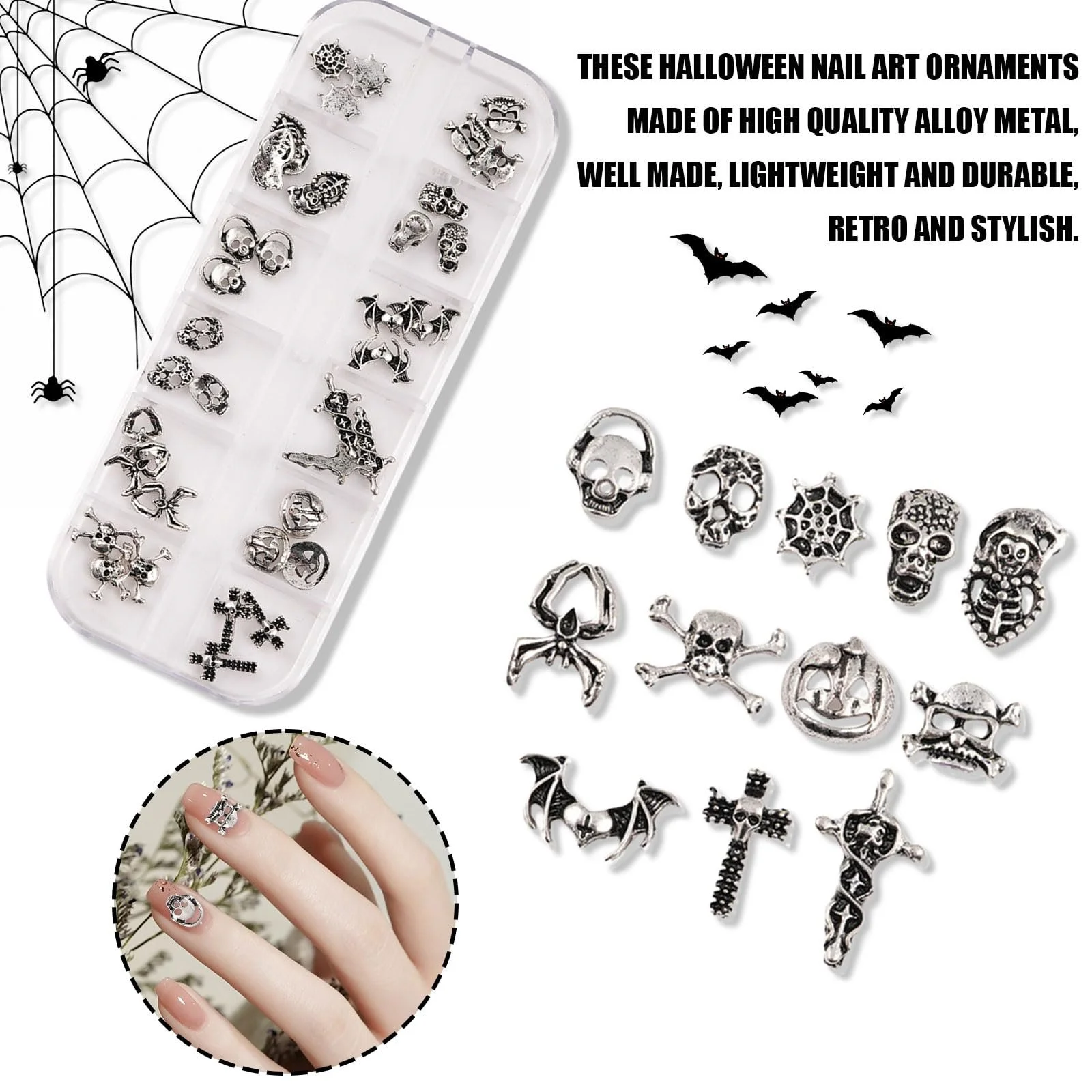 3D Хелловінські прикраси для нігтів, 1 коробка 12 відділень Череп Гарбуз Кажан Павук Павутина Хрести С, фото №3 3D Хелловінські прикраси для нігтів, 1 коробка 12 відділень Череп Гарбуз Кажан Павук Павутина Хрести С, фото №3