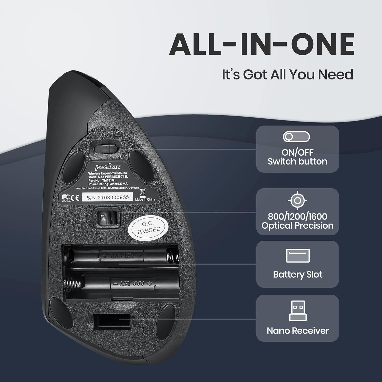 Безпровідна мишка Perixx PERIMICE-713L (ліва) 1600 DPI / 6 кнопок / Чорна, фото №5