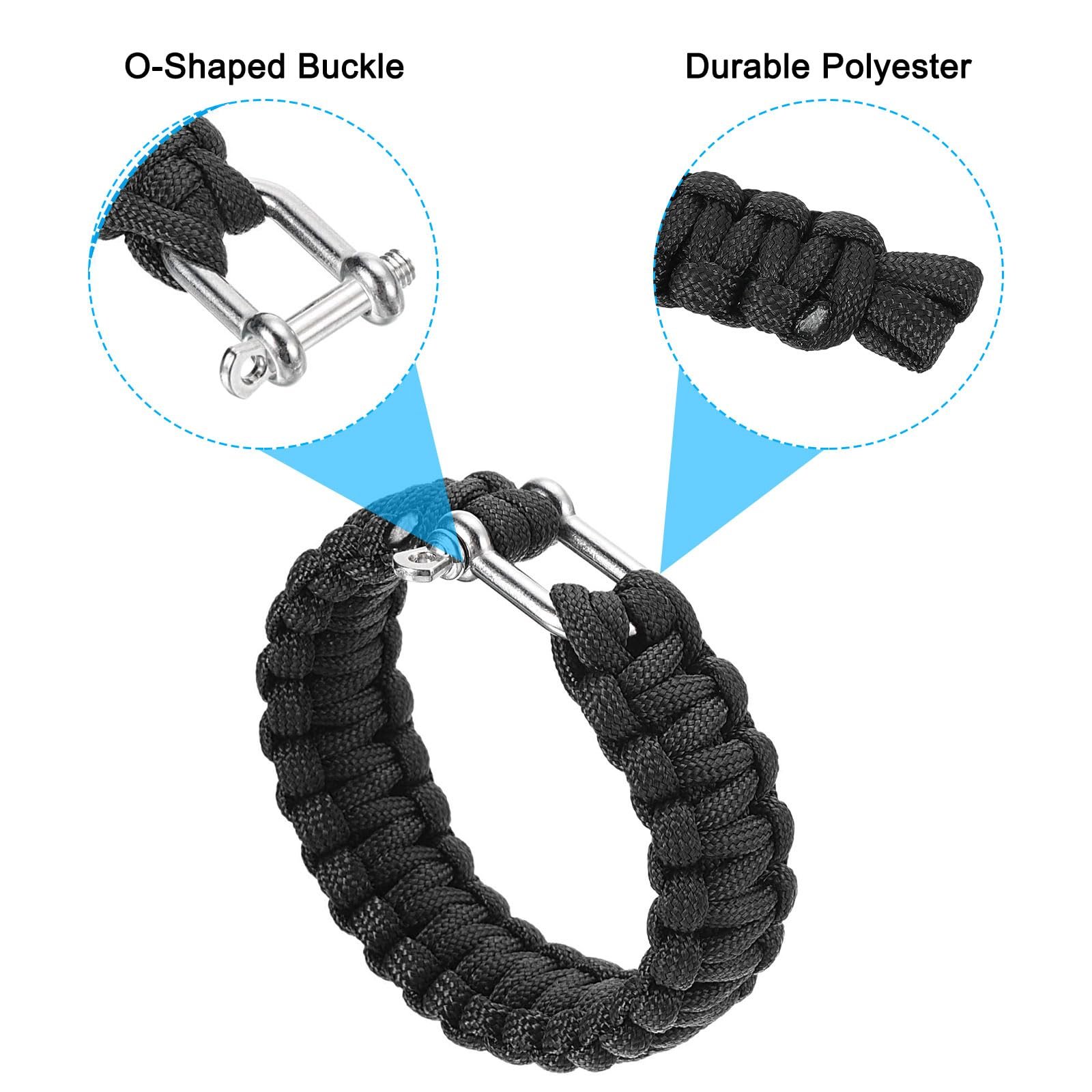 Браслет Paracord PATIKIL для виживання, 2 шт, плетений, U-подібна пряжка, нержавіюча сталь, Чорний, фото №4