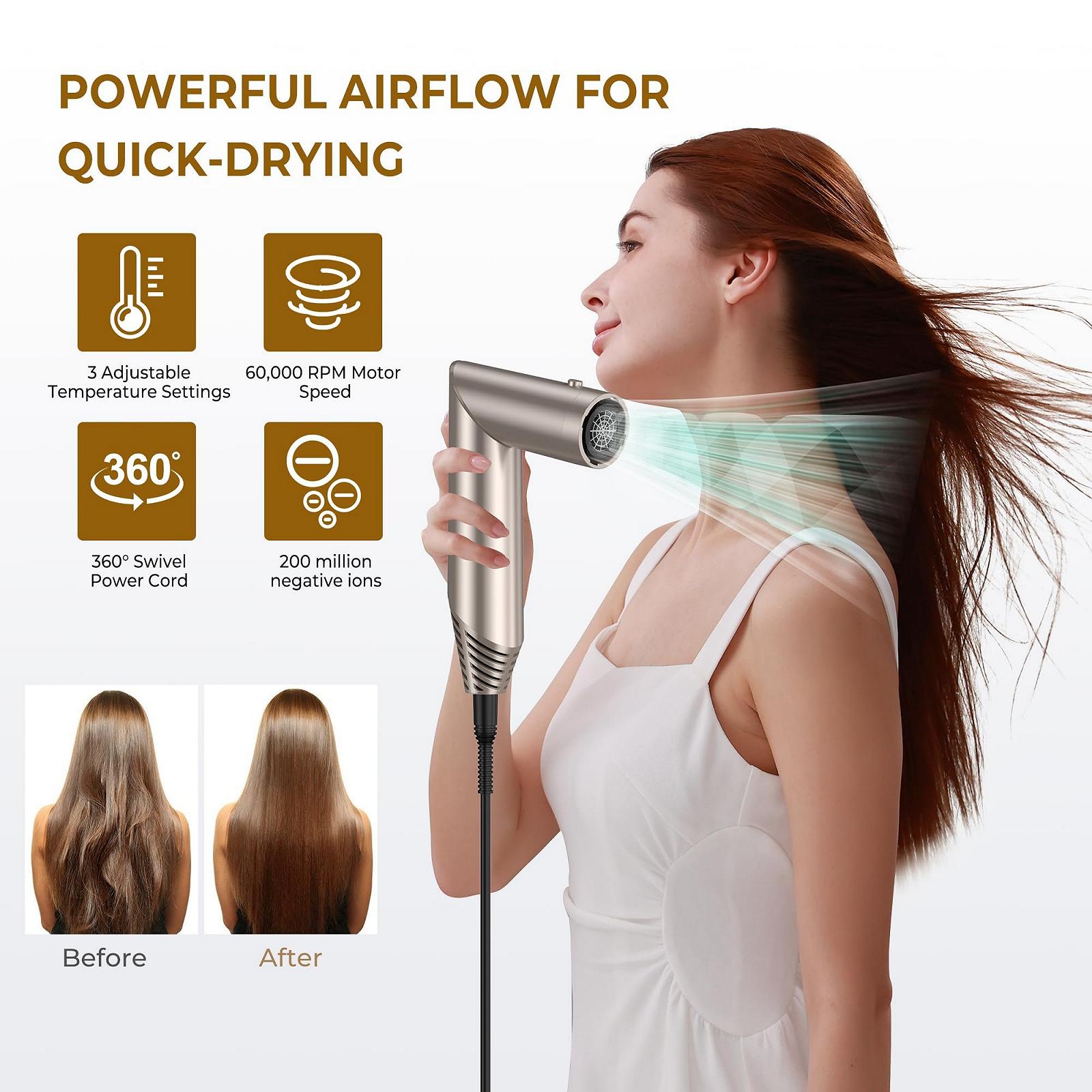 Мультистайлер UKLISS Airstyler 6-в-1 Фен-щетка Набор с плойкой, диффузором, щеткой для выпрямления, круглой щеткой 60000 об/мин Золотой, фото №3