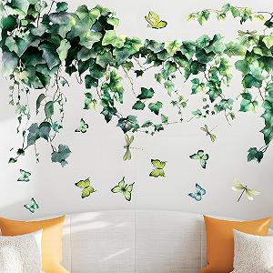 Наклейка на стіну Реалістичне листя плюща з метеликами та бабками Зелена ПВХ - Фото 1