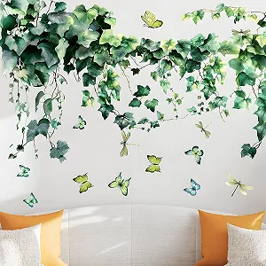 Наклейка на стіну Реалістичне листя плюща з метеликами та бабками Зелена ПВХ - Фото 1