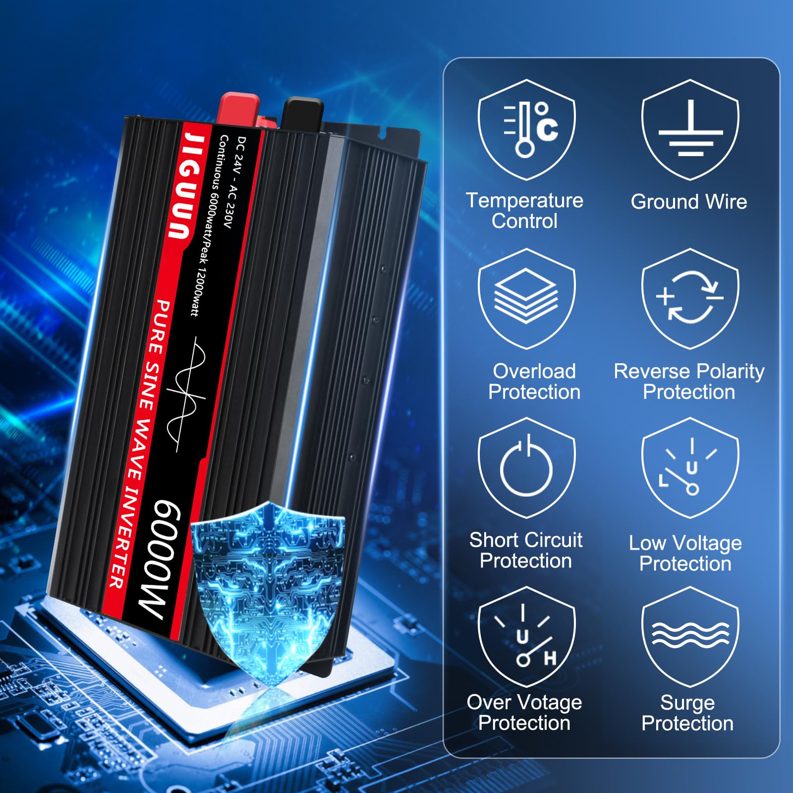 Інвертор JIGUUN Pure Sine Wave 6000 W 24 V 230 V з 2 EU розетками та USB виходом 2.4 A бездротовий пульт дистанційного керування та LCD дисплей пікова потужність 12000 W, фото №5