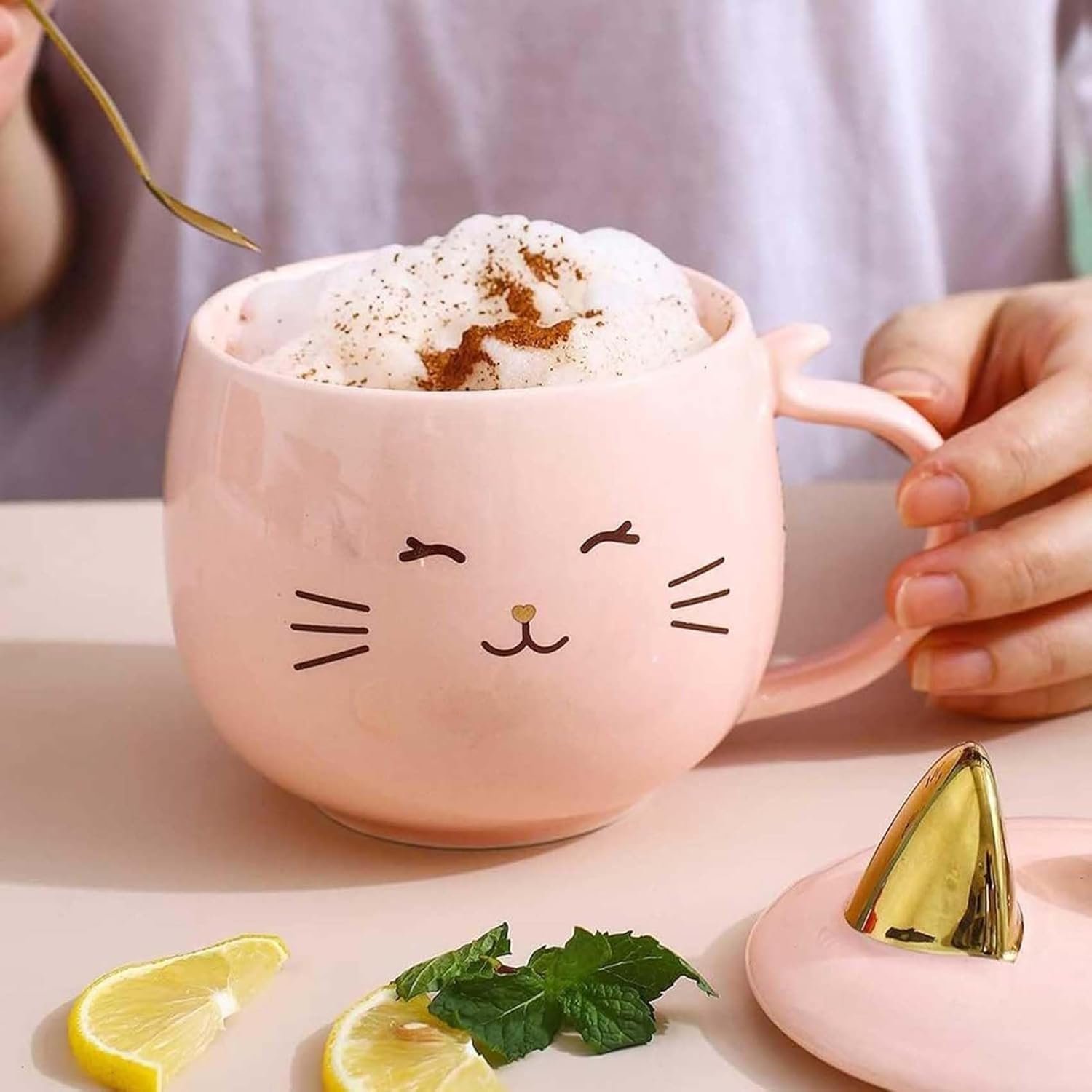 Кухоль керамічний Креативний Тварини Вуха Кришка і ложка 480 мл Рожевий, фото №6