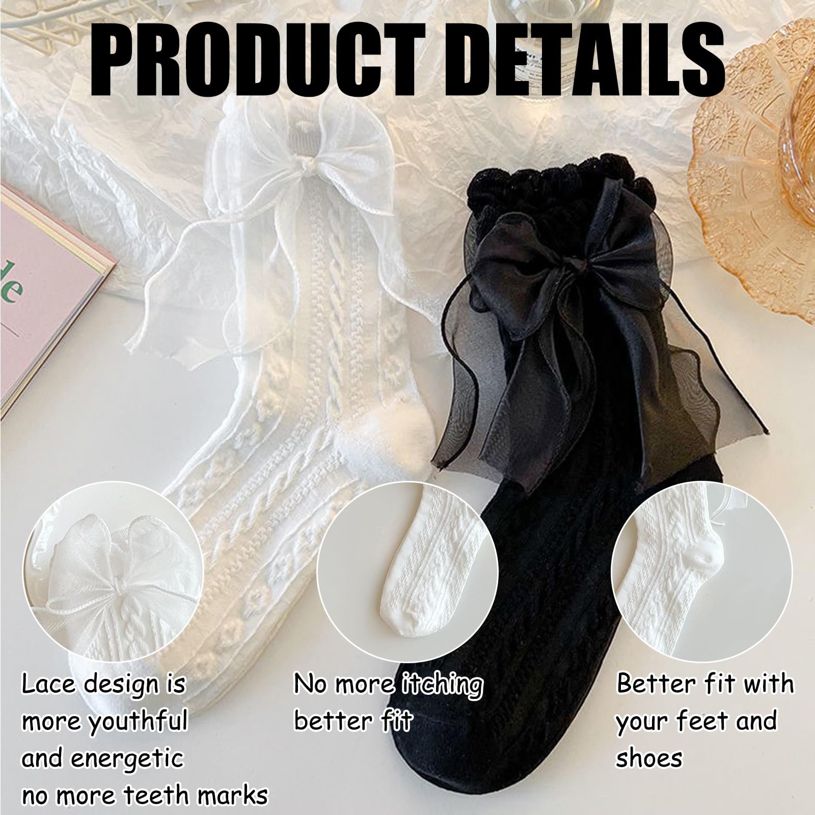 4 пари мереживних шкарпеток для жінок Lolita Ribbon Fairy з оборками, фото №2