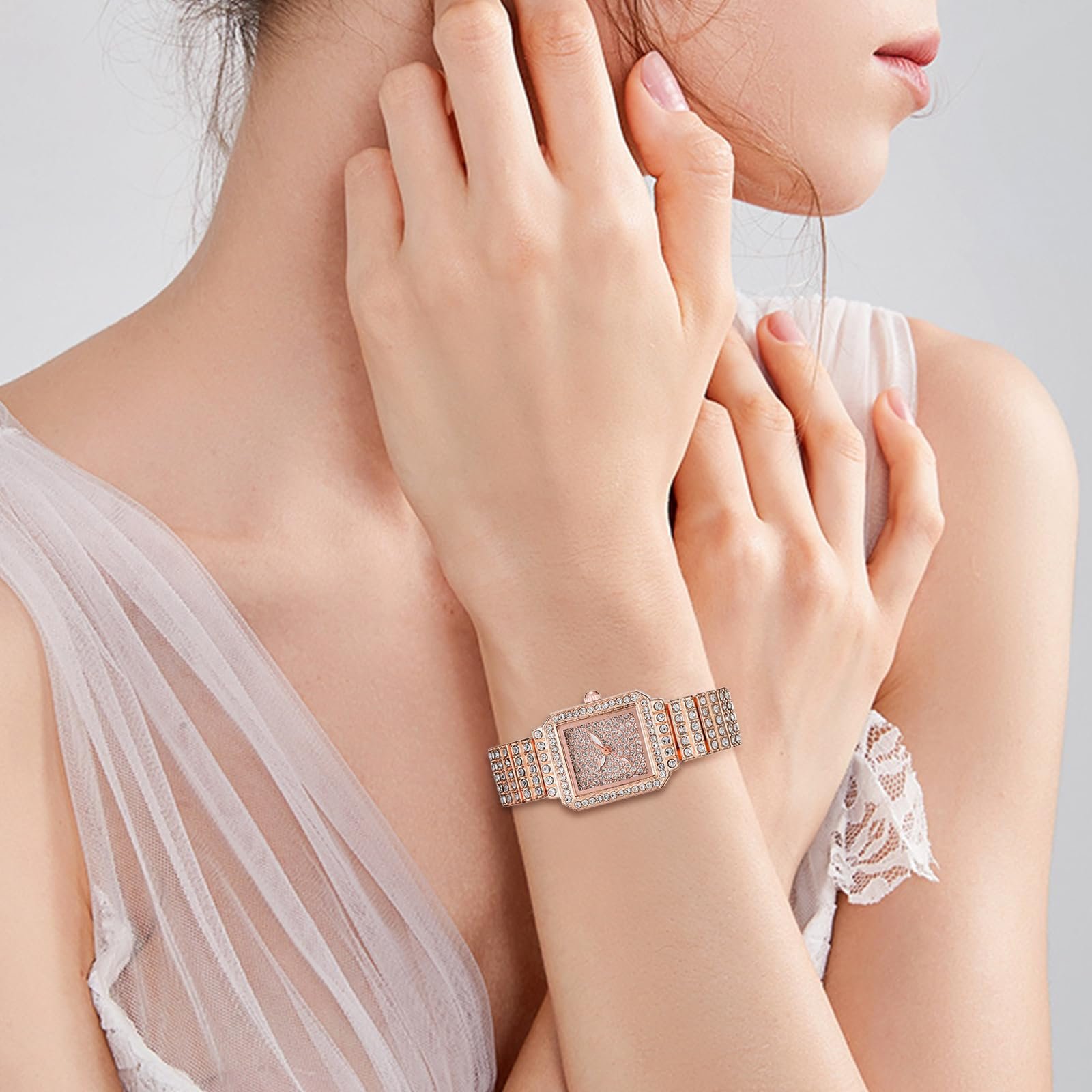 Женские Квадратные Часы JewelryWe с Бриллиантами: Роскошные Блестящие Часы со Стразами, Аналоговые Кварцевые Наручные Часы для Женщин, Инкрустированные Часы с Прямоугольным Циферблатом и Металлическим Ремешком, фото №2