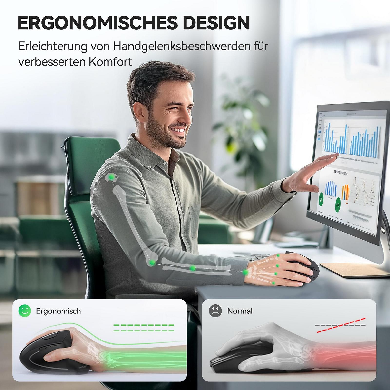 Миша TECKNET Бездротова Bluetooth Ергономічна Вертикальна з USB-C адаптерами 4800 DPI Оптична Тиха 6 Кнопок, фото №7