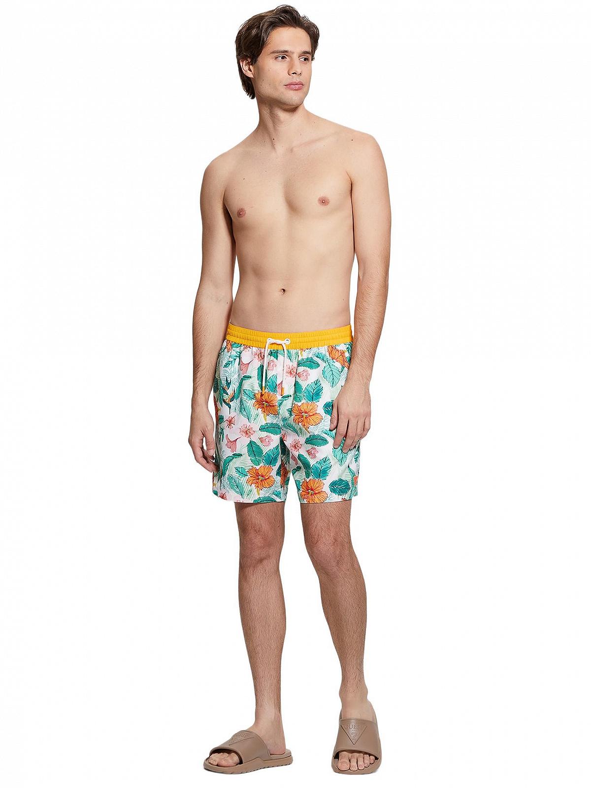Плавки GUESS Eco Medium Vintage Swimtrunk, зеленые и розовые листья, M, фото №2