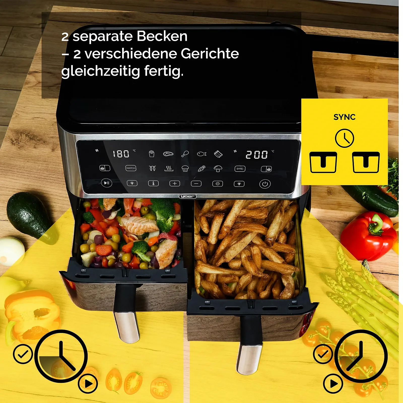 Мультипіч Yoer DualCrisp AF02BK 10 L 2 камери 6-в-1 10 програм 2850 W Black, фото №5 Мультипіч Yoer DualCrisp AF02BK 10 L 2 камери 6-в-1 10 програм 2850 W Black, фото №5