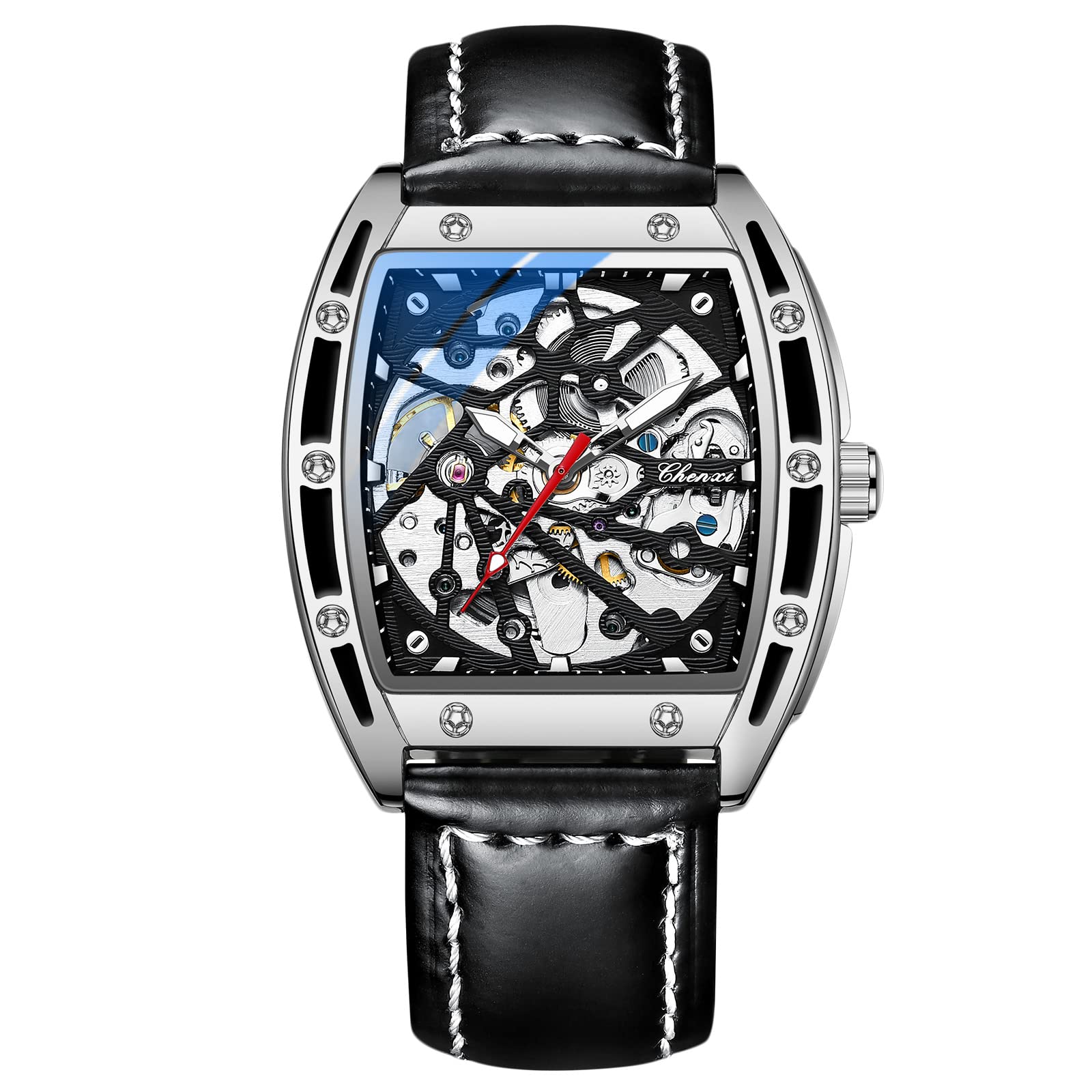 Часы rorios Мужские Автоматические Механические Кожаный Ремешок Бочкообразный Люминесцентный Скелетон Циферблат Наручные Часы, фото №1