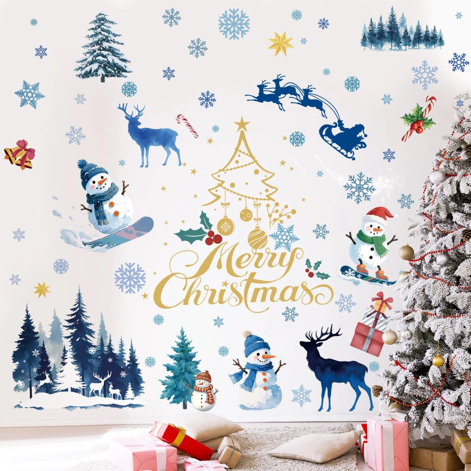 Наклейка на стіну SHUCHING Christmas Blue Winter Snowman Snowflake Golden Christmas Tree 9 аркушів, фото №1