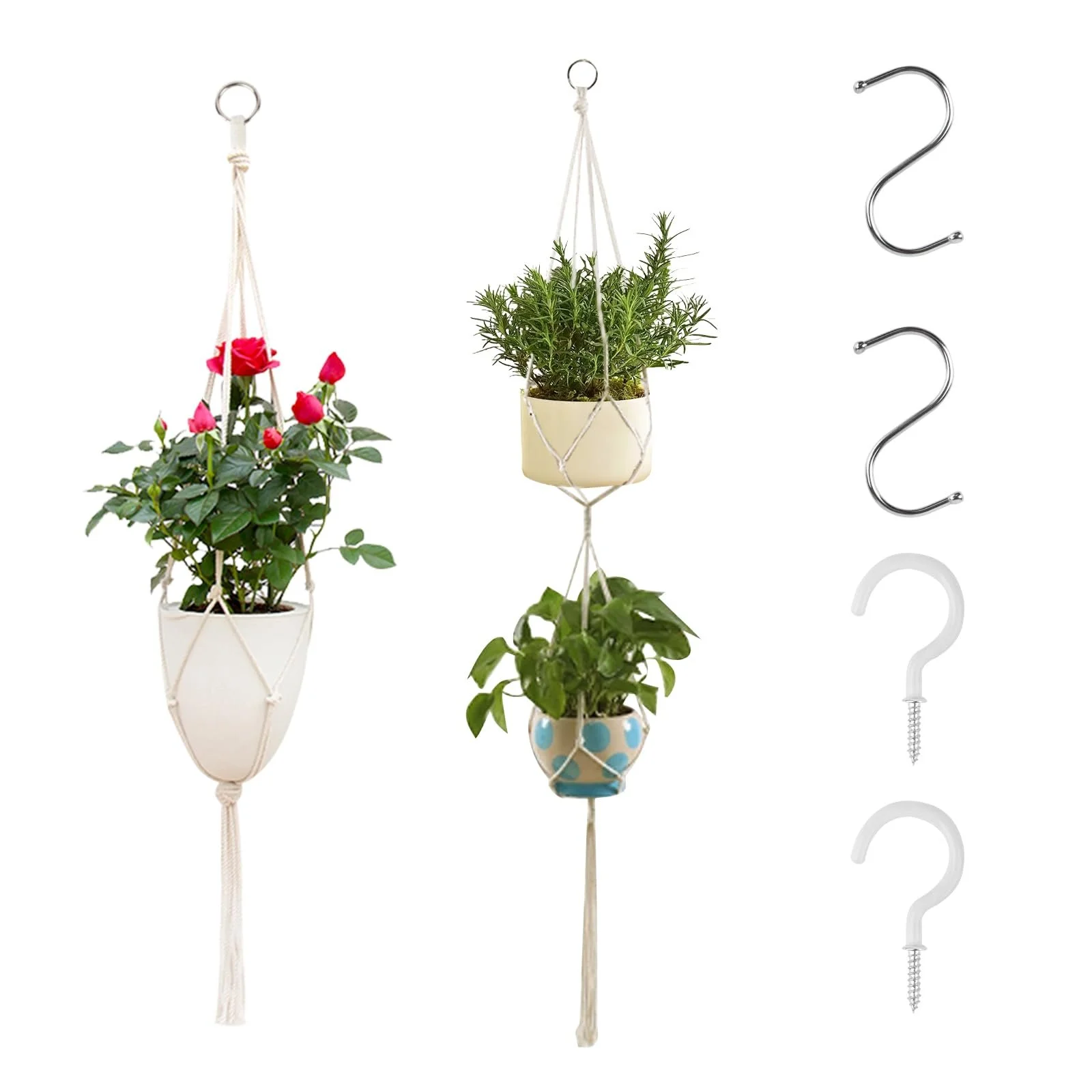 Кошик підвісний макраме Набір 2 шт. Бавовняна мотузка з гачками Білий, фото №1