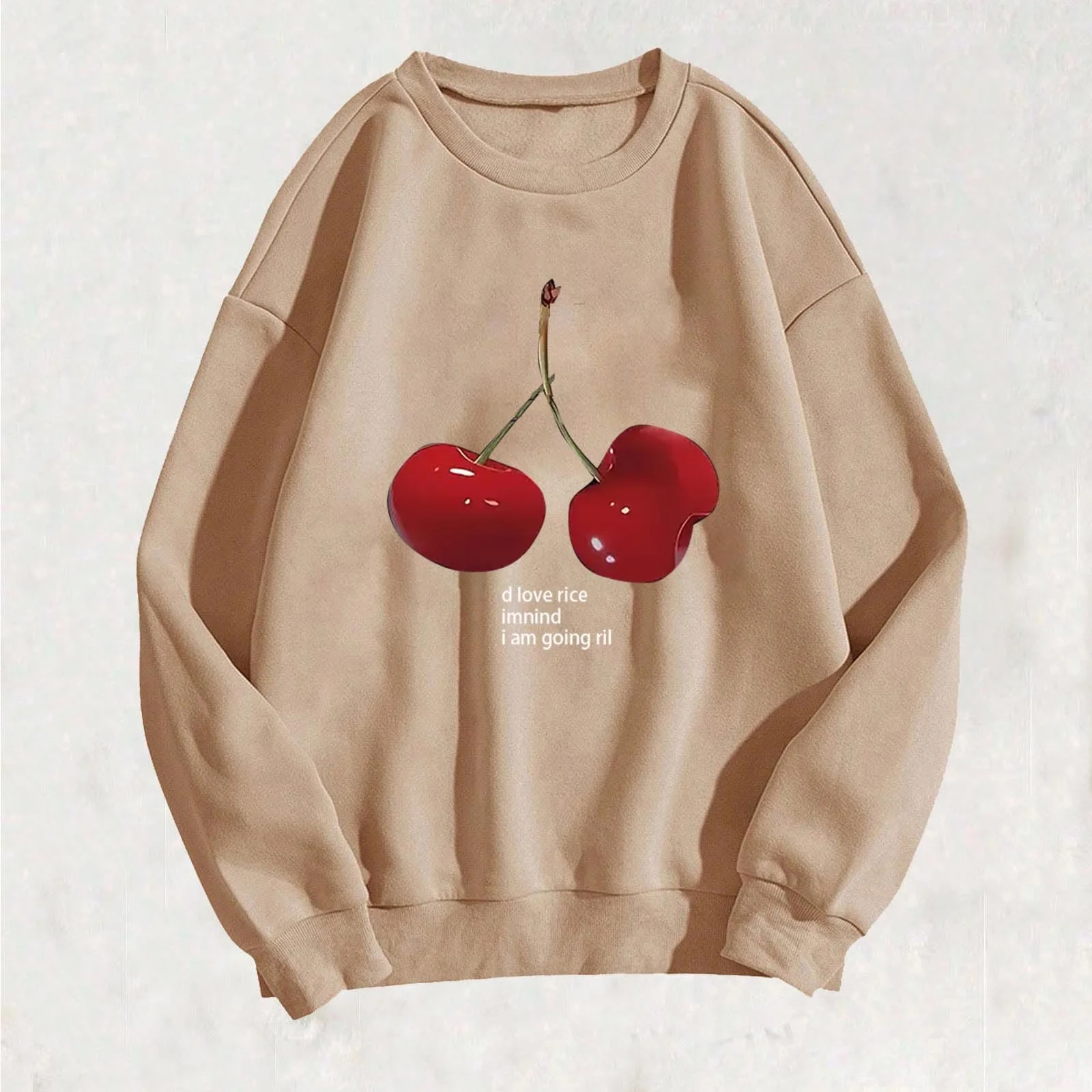 Пуловер Komiseup Oversized Y2K Лонгслив Базовый Круглый вырез Толстовка без капюшона Элегантный Однотонный Лонгшерт Модный Принт вишни Рубашка Хлопковая Спортивная рубашка Подростковый Девичий Стритвер 05, фото №2