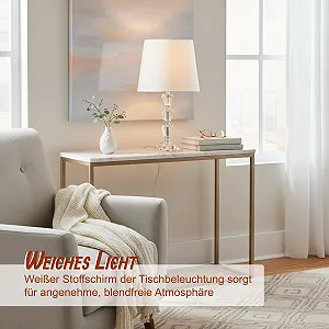 Настільна лампа Relaxdays зі скляною основою та тканинним абажуром E27 40,5 x 23 см Кришталевий дизайн Білий synthetic.ua - Фото 1