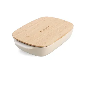 Форма для запекания KitchenAid Stoneware прямоугольная керамическая с бамбуковой крышкой 32 см / 3.8 л Миндальный крем synthetic.ua - Фото 1