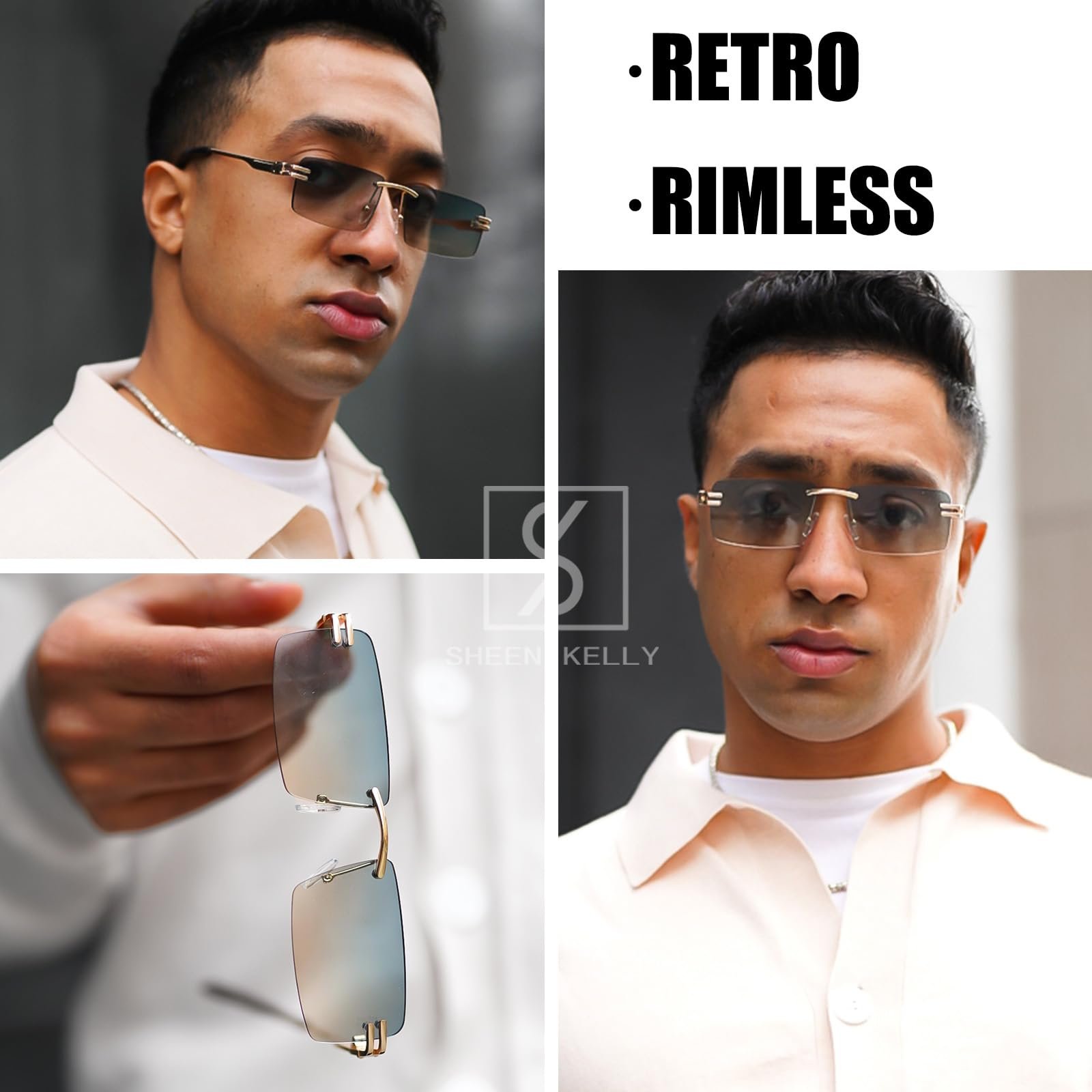 Сонцезахисні окуляри SHEEN KELLY Ретро Без оправи для чоловіків жінок Прямокутні Ультра маленька оправа, фото №9