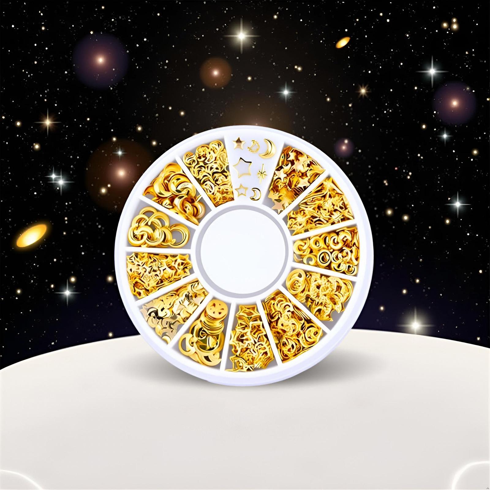 Набор украшений для ногтей Золото Микс Заклепки, самоцветы, сверкающие стразы, металлические заклепки, полые луны, звезды, сердца, искусственные жемчужины для DIY 3D дизайна ногтей, фото №4