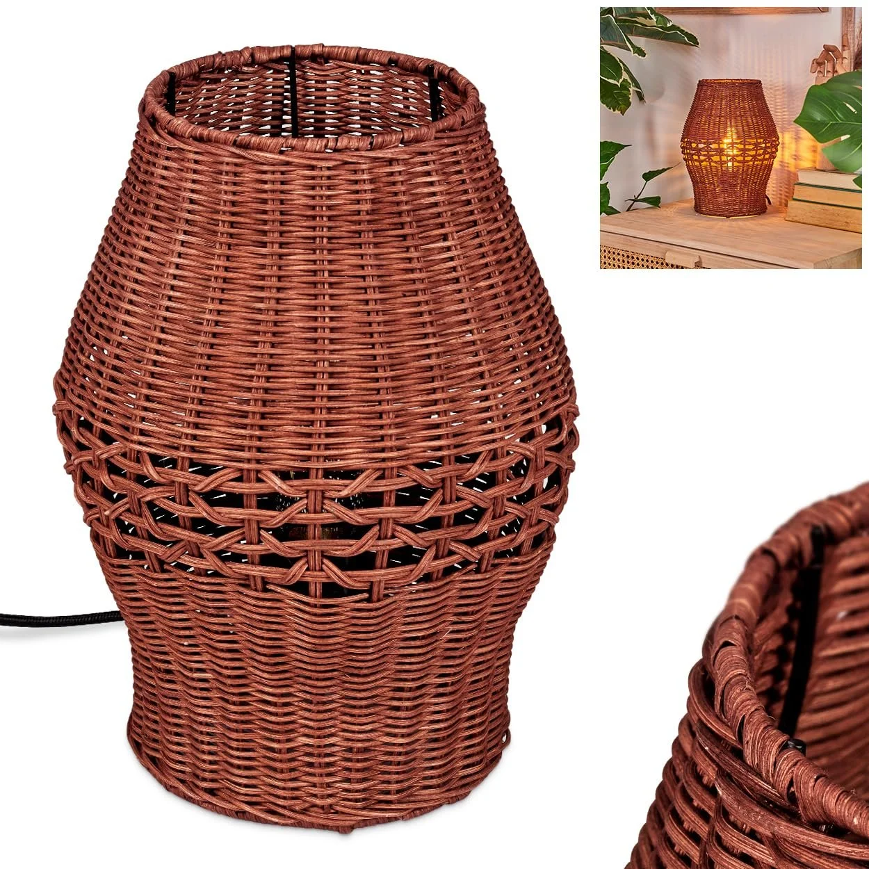 Настільна лампа HOFSTEIN Cardeira метал / ротанг 30 см E27 Чорний/Коричневий, фото №1