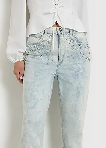 Жіночі джинси GUESS JEANS зі стразами та мармуровим ефектом / Блакитні / Розмір 27 synthetic.ua - Фото 1